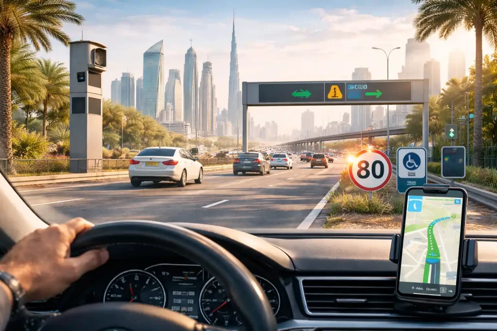 First-person-view-of-driving-in-Dubai-with-a-smartphone-navigation-app-speed-limit-signs-and-the-Burj-Khalifa-skyline.