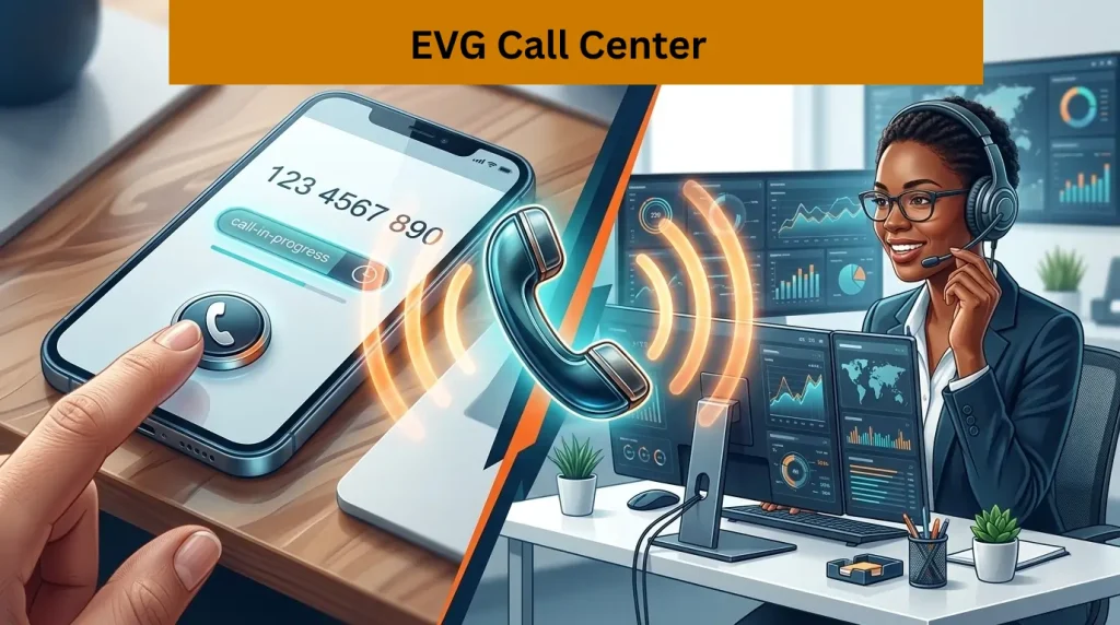 Infographic-displaying-an-EVG-Call-Center-with-a-smartphone-dialing-support-and-a-customer-service-representative-at-a-desk.