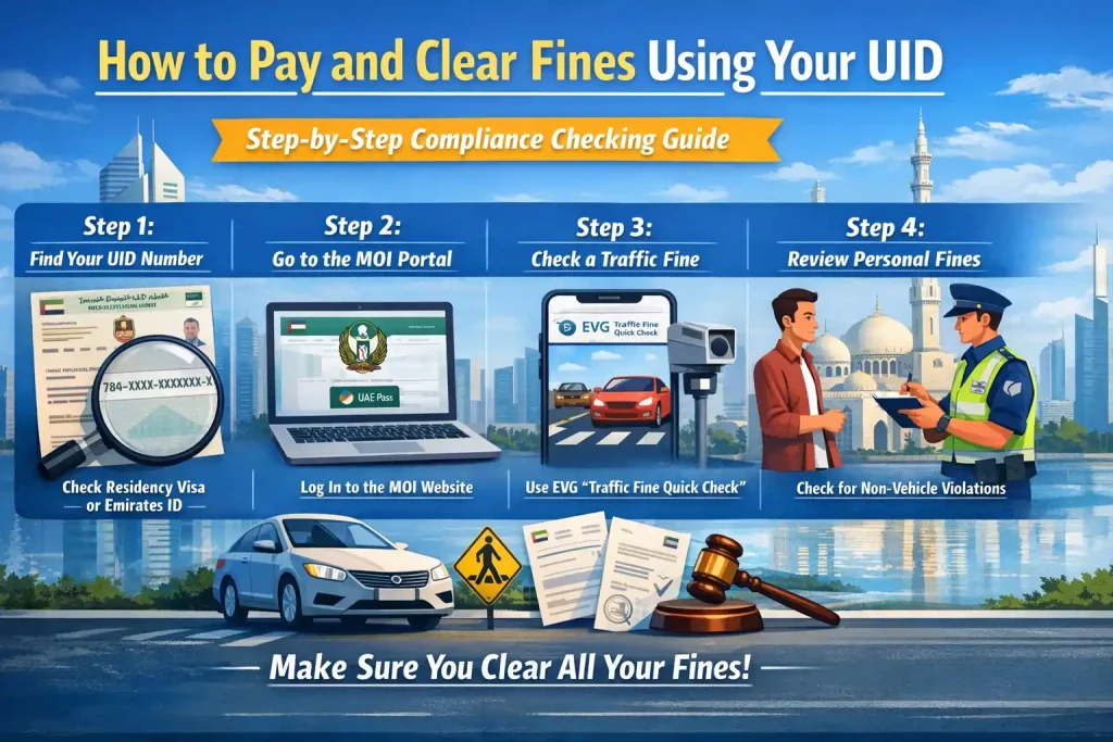Four-step-infographic-guide-on-using-UID-numbers-MOI-portal-and-EVG-to-pay-and-clear-UAE-traffic-fines.