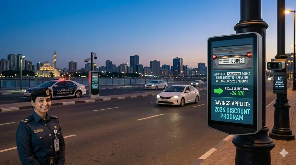 Digital-roadside-screen-displaying-automated-EVG-fine-discount-calculations-beside-Sharjah-Police-officer-and-patrol-car-at-dusk.