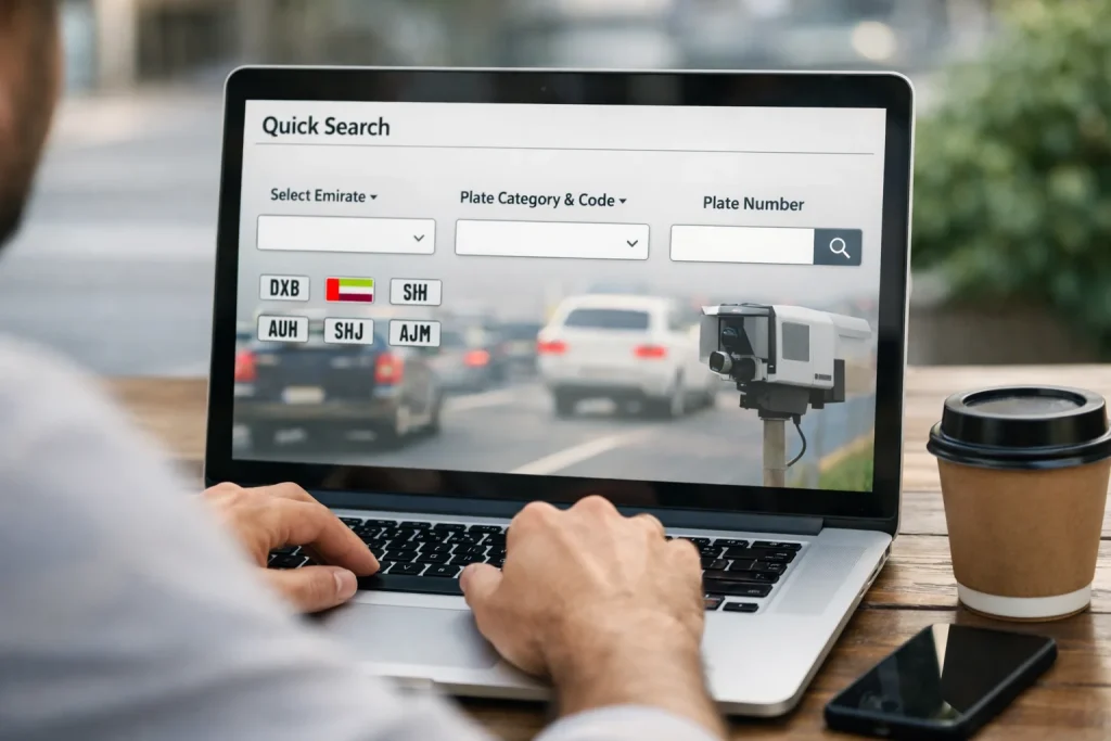 Man-using-laptop-to-perform-quick-search-for-UAE-vehicle-plate-fines-across-different-emirates-on-online-portal.