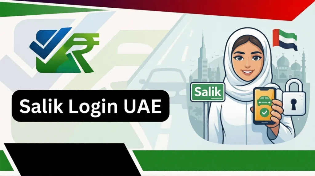 Salik-Login-UAE-guide-featuring-a-woman-holding-a-smartphone-with-toll-and-transport-graphics.