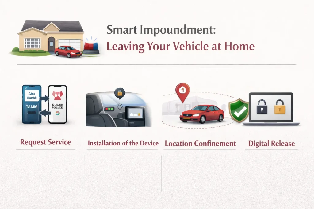 Infographic-explaining-UAE-Smart-Impoundment-steps-including-service-request-device-installation-location-confinement-and-digital-release