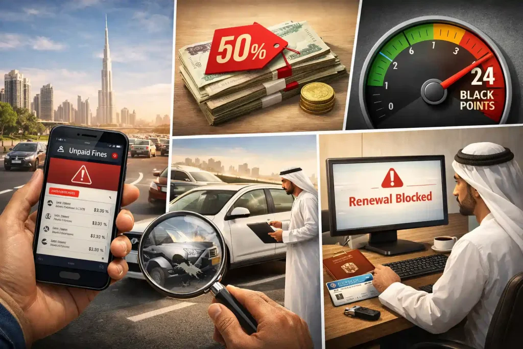 Collage-showing-UAE-traffic-fines-black-points-discounts-car-inspections-and-blocked-vehicle-registration-renewal-processes.
