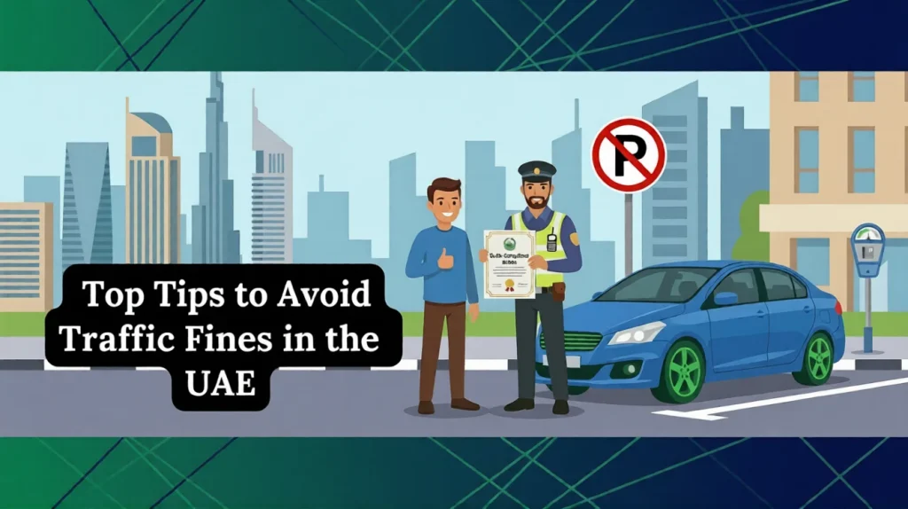 uae-traffic-fine-prevention-guide-illustrating-a-police-officer-motorist-and-no-parking-sign-in-dubai-cityscape