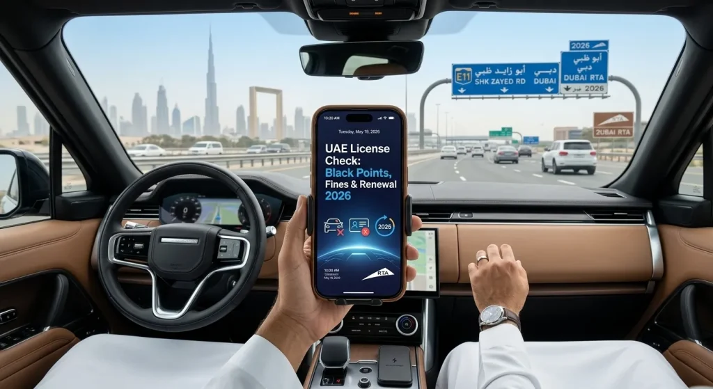 Driver-using-smartphone-in-car-to-check-UAE-license-black-points-and-fines-on-Dubai-Sheikh-Zayed-Road.