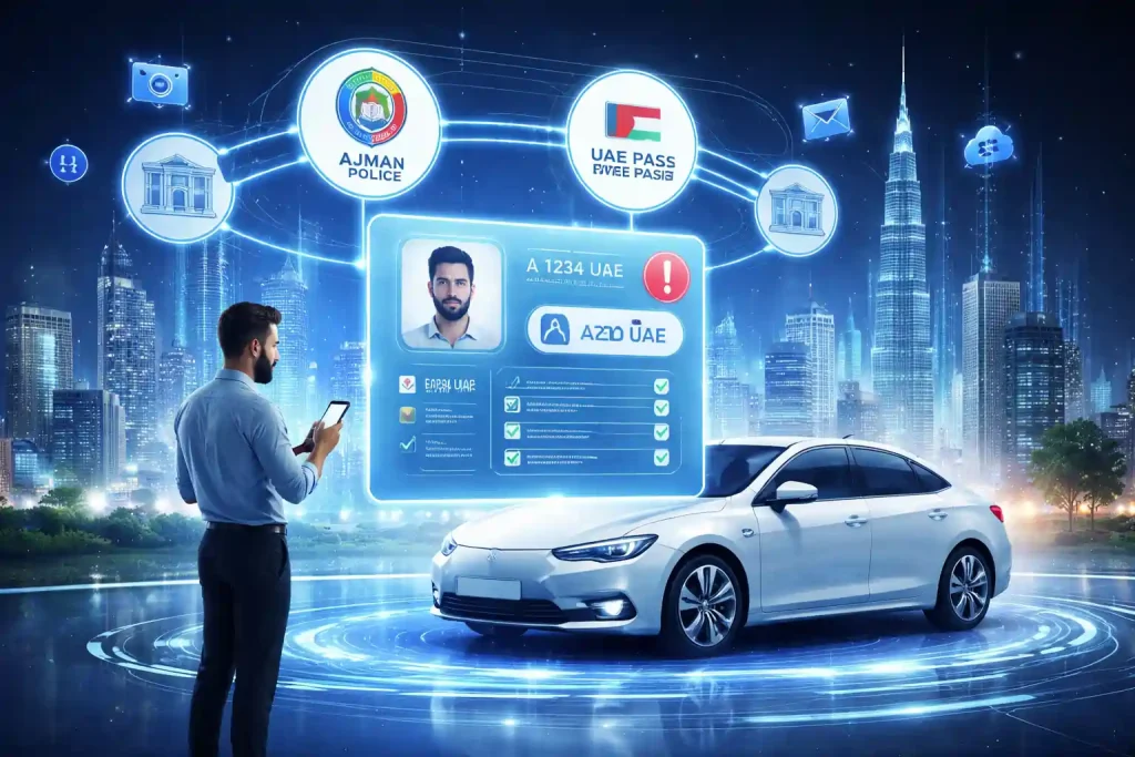 Digital-infographic-showing-Ajman-Police-and-UAE-Pass-integration-for-vehicle-fine-inquiry-and-identity-verification.