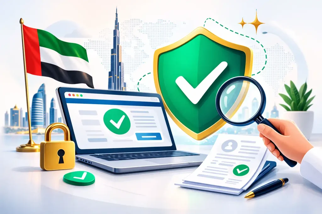 Digital-illustration-showing-secure-online-identity-verification-in-the-UAE-with-a-laptop-magnifying-glass-and-Burj-Khalifa.
