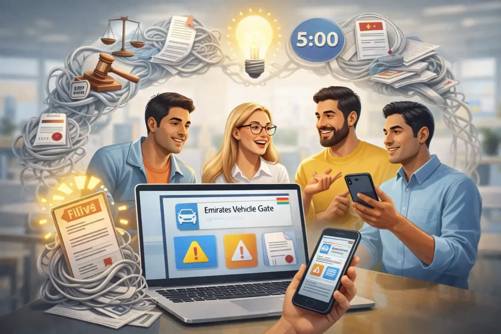 Team-collaborating-on-Emirates-Vehicle-Gate-portal-to-resolve-traffic-fines-and-legal-documents-using-digital-devices.