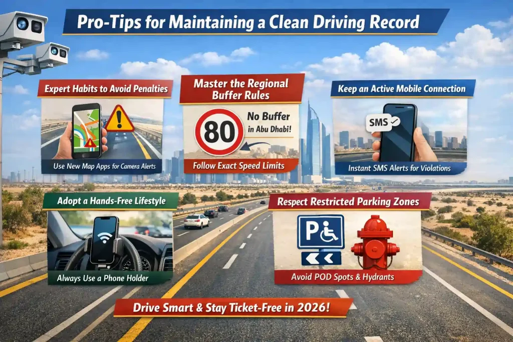 Infographic-outlining-UAE-driving-tips-for-2026-including-speed-buffer-rules-hands-free-habits-and-restricted-parking-zones.