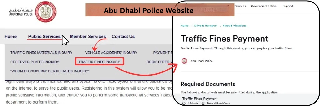 Screenshots-of-Abu-Dhabi-Police-website-showing-navigation-to-the-Traffic-Fines-Inquiry-and-Payment-portal-with-red-arrows.