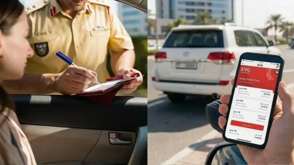 Split-image-showing-police-officer-writing-traffic-ticket-and-person-using-EVG-mobile-app-to-view-active-fines.